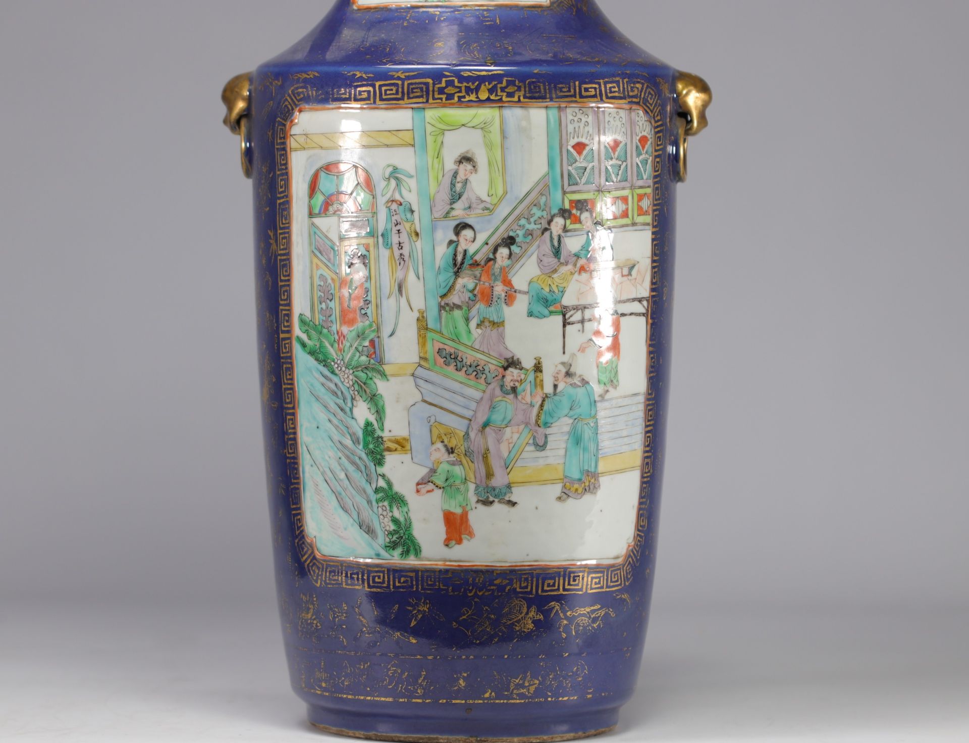Large pair of blue powdered porcelain vases decorated with scenes of life from the 19th century - Image 7 of 11
