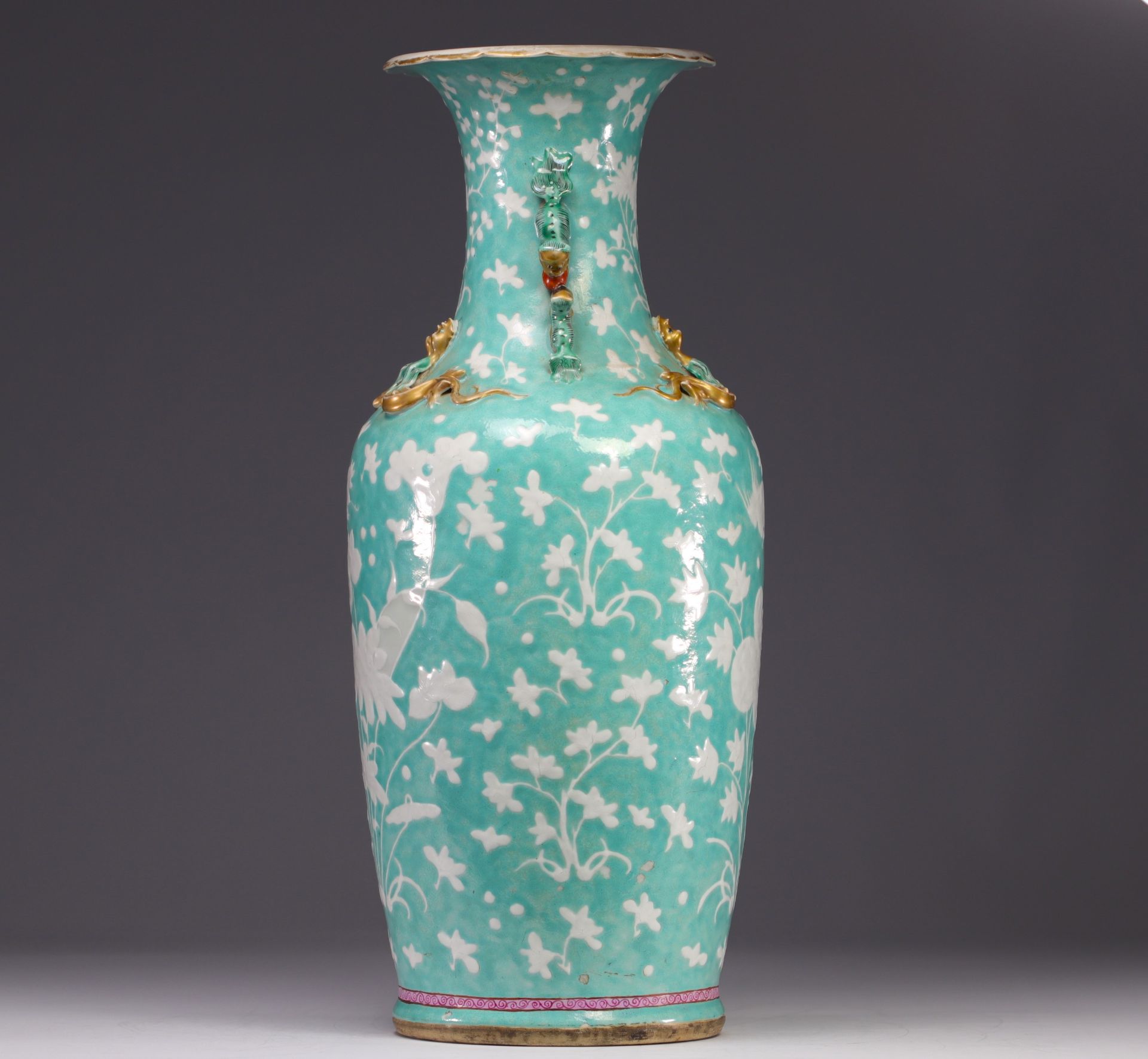 China - large porcelain vase decorated with flowers and birds, turquoise glaze, 19th century. - Image 3 of 6