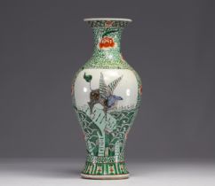 China - A green family porcelain baluster vase, decorated with birds in a cartouche, 19th century.