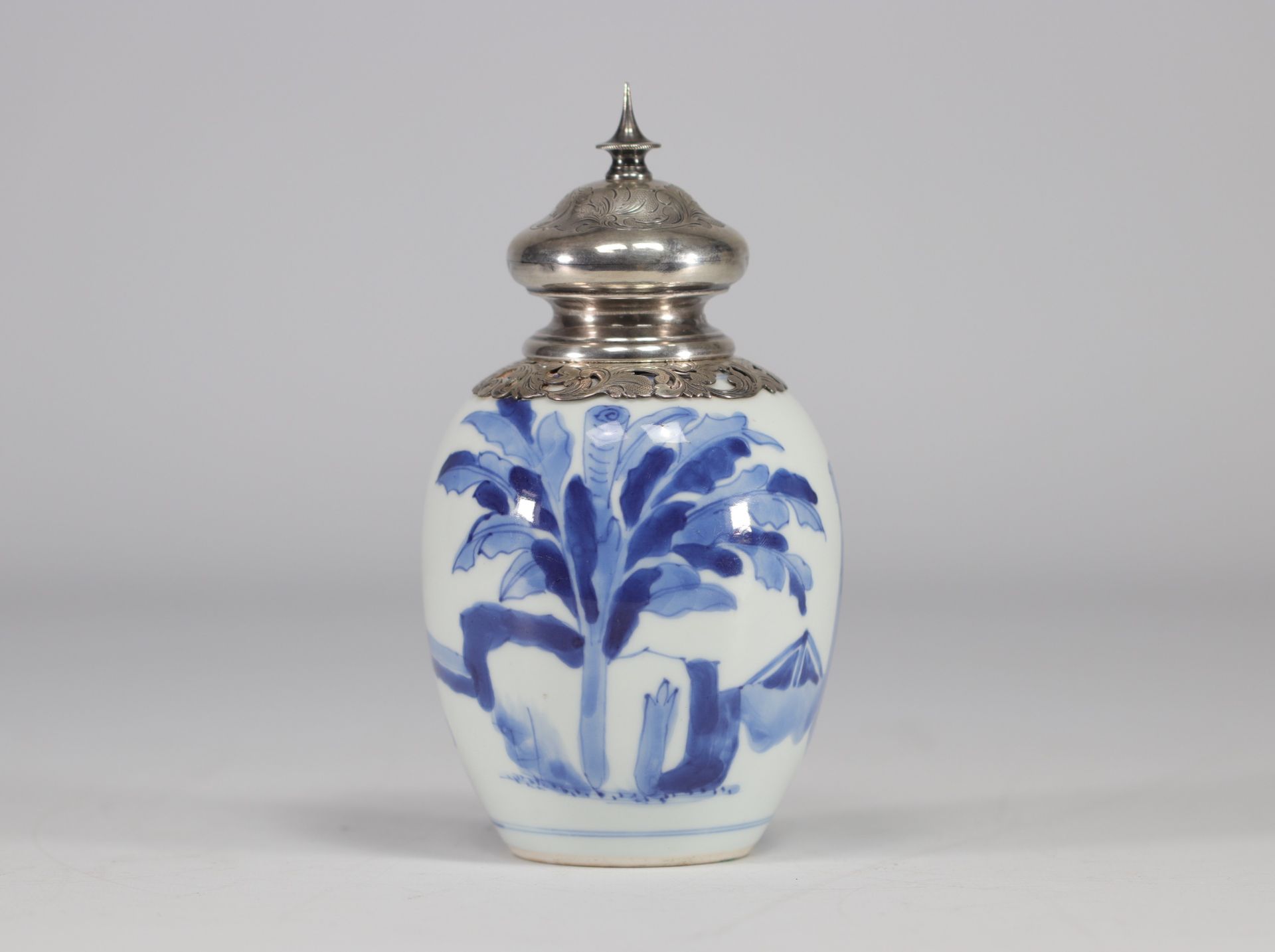A white and blue vase decorated with women surmounted by a silver stopper with a mark under the piec - Image 2 of 6