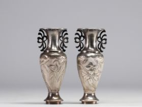 Pair of solid silver vases decorated with bamboo and flowers, l Chinese hallmarks