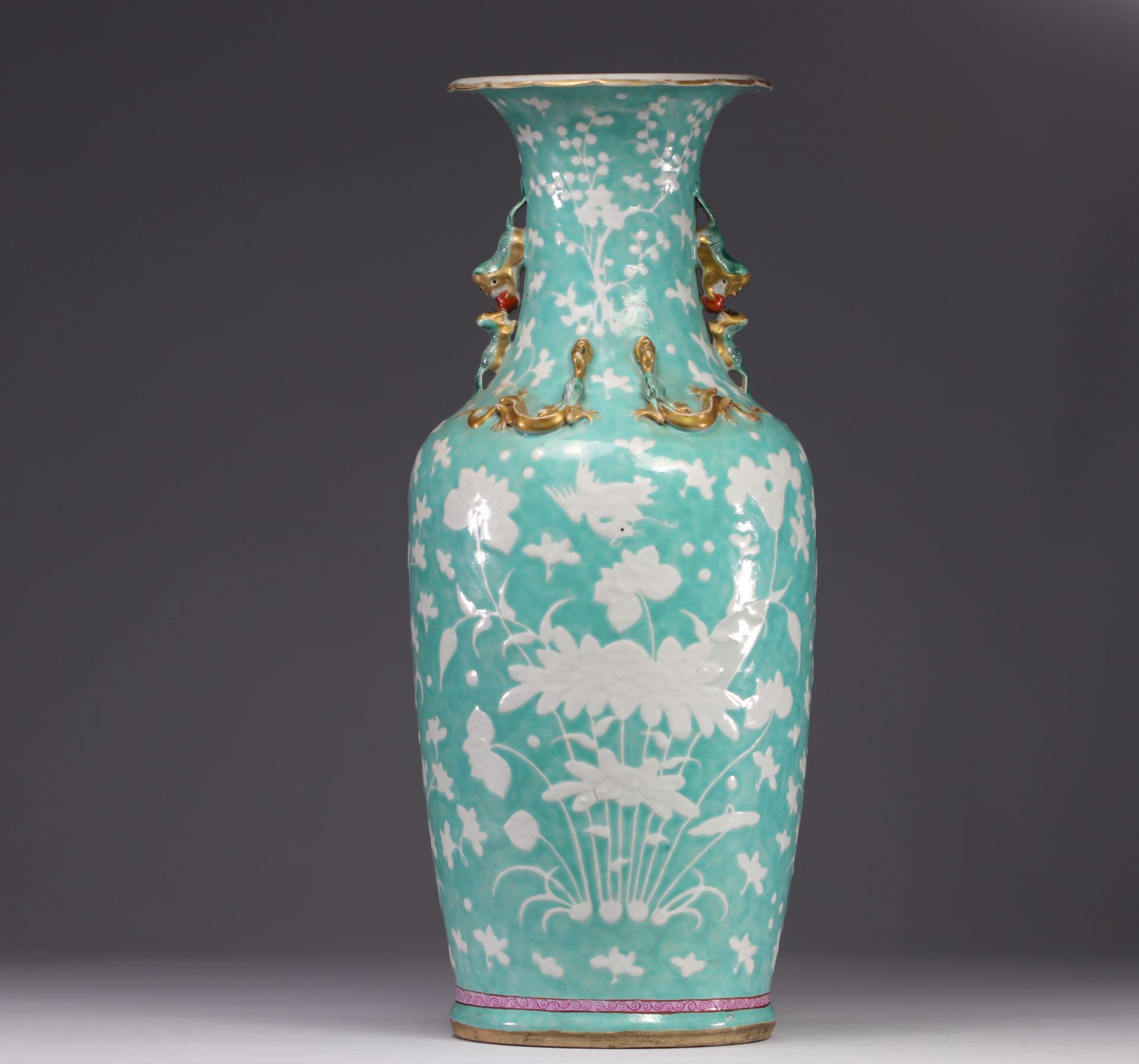 China - large porcelain vase decorated with flowers and birds, turquoise glaze, 19th century.