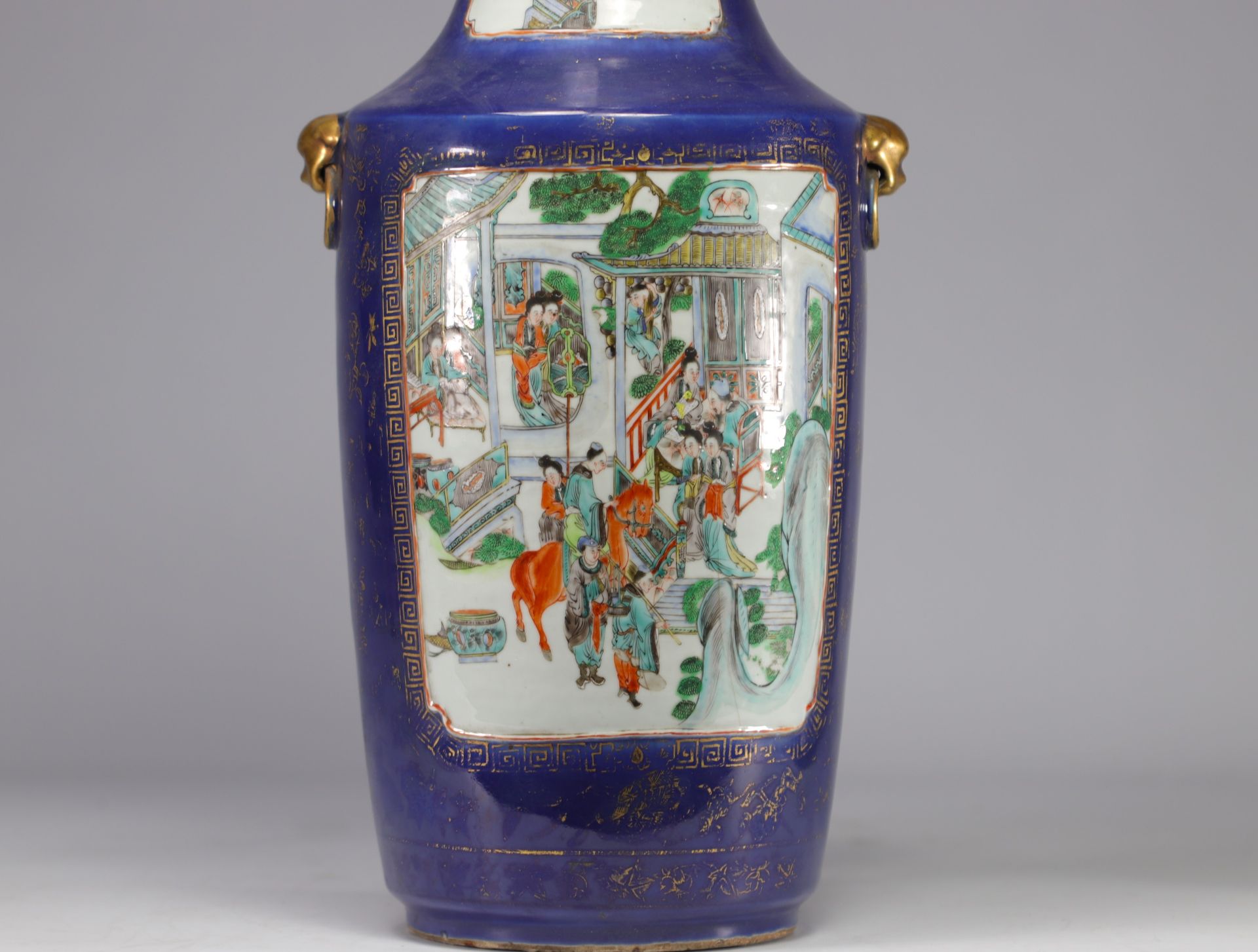 Large pair of blue powdered porcelain vases decorated with scenes of life from the 19th century - Image 4 of 11