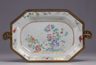 China - Famille Rose bronze-mounted porcelain dish, 18th century.