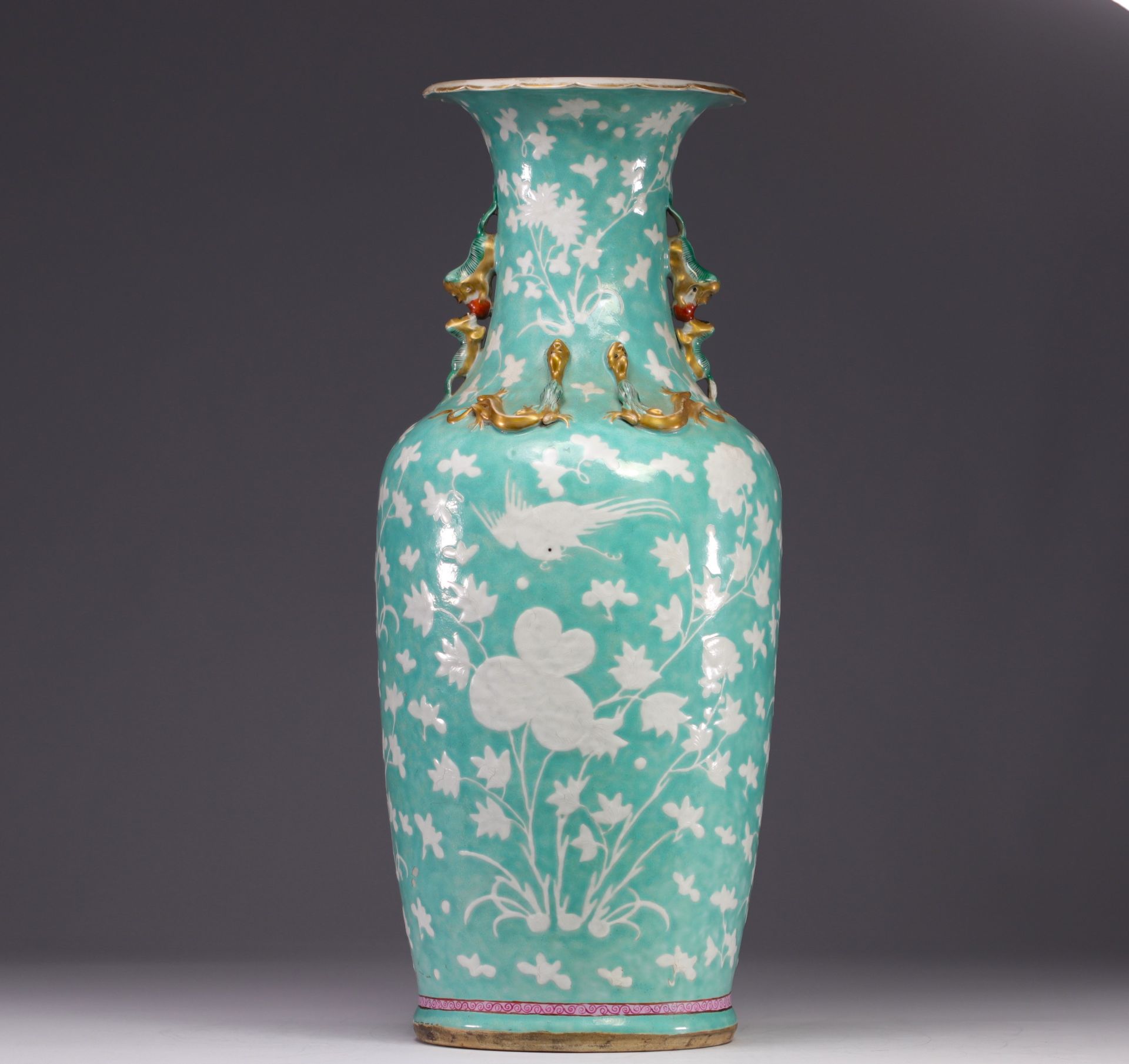 China - large porcelain vase decorated with flowers and birds, turquoise glaze, 19th century. - Image 4 of 6