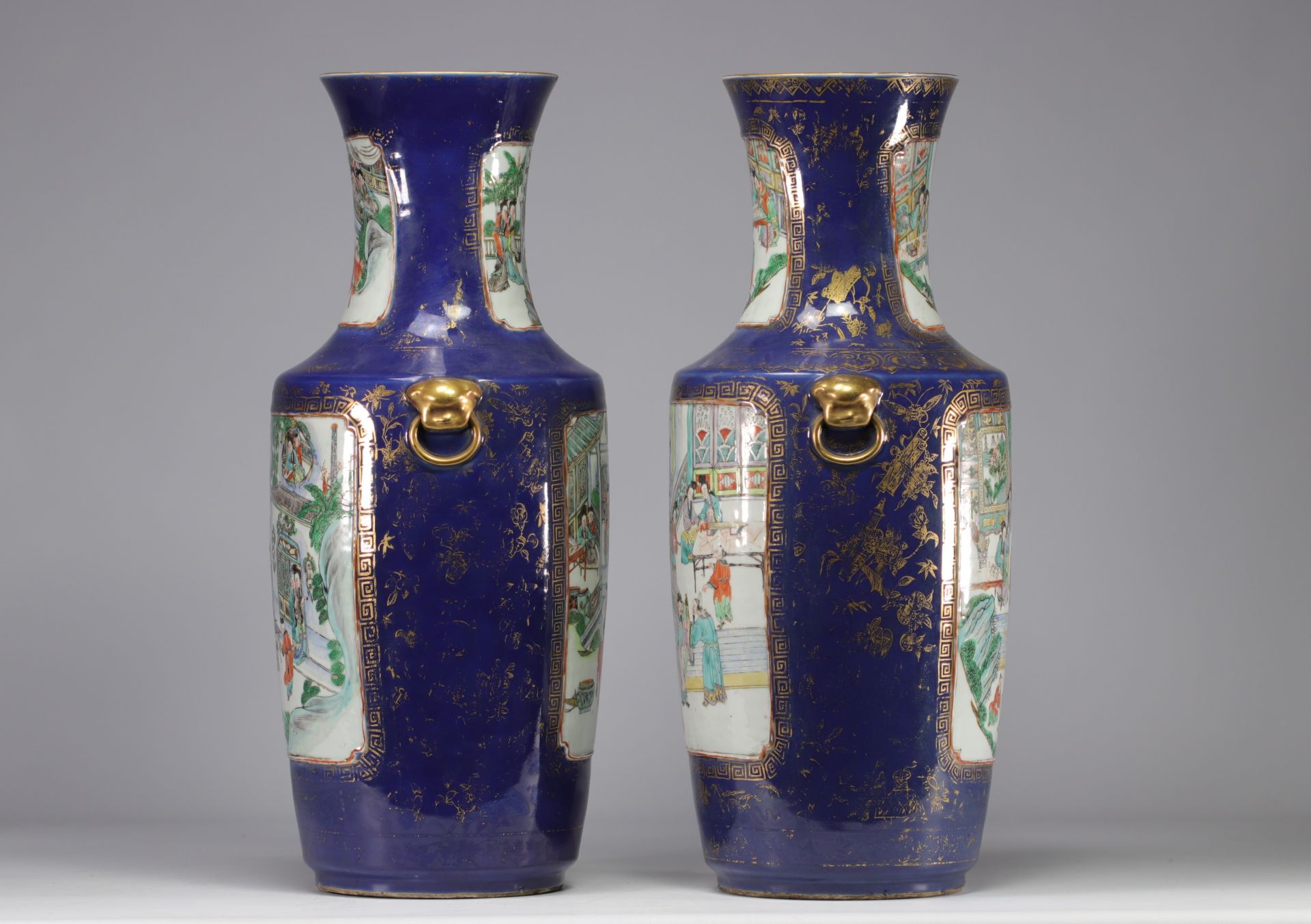 Large pair of blue powdered porcelain vases decorated with scenes of life from the 19th century - Image 6 of 11