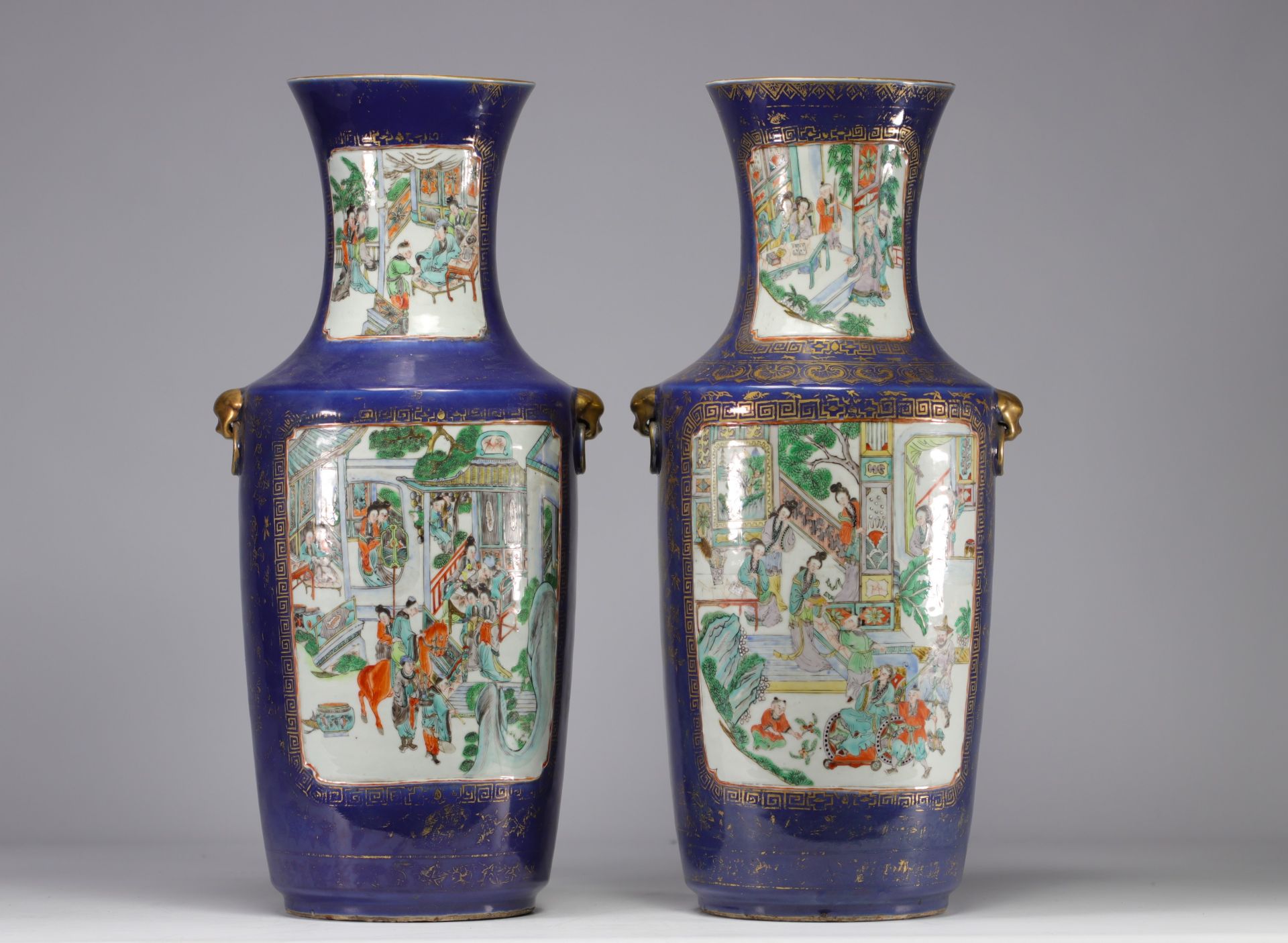 Large pair of blue powdered porcelain vases decorated with scenes of life from the 19th century - Image 3 of 11