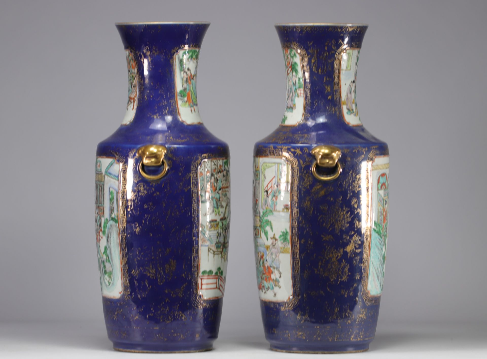 Large pair of blue powdered porcelain vases decorated with scenes of life from the 19th century - Image 2 of 11