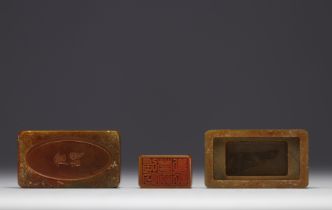 China - Honey-coloured stealite seal in its box.