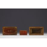 China - Honey-coloured stealite seal in its box.