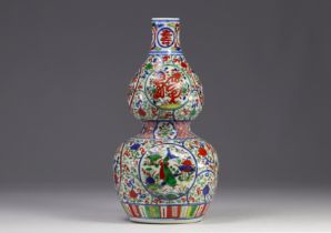 China - Wucai porcelain double gourd vase with carp decoration, Qing period.