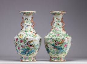 Rare large pair of Famille rose porcelain vases decorated with birds and flowers, 19th century.