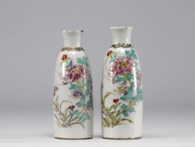 Pair of Famille Rose porcelain vases with floral decoration on a white background