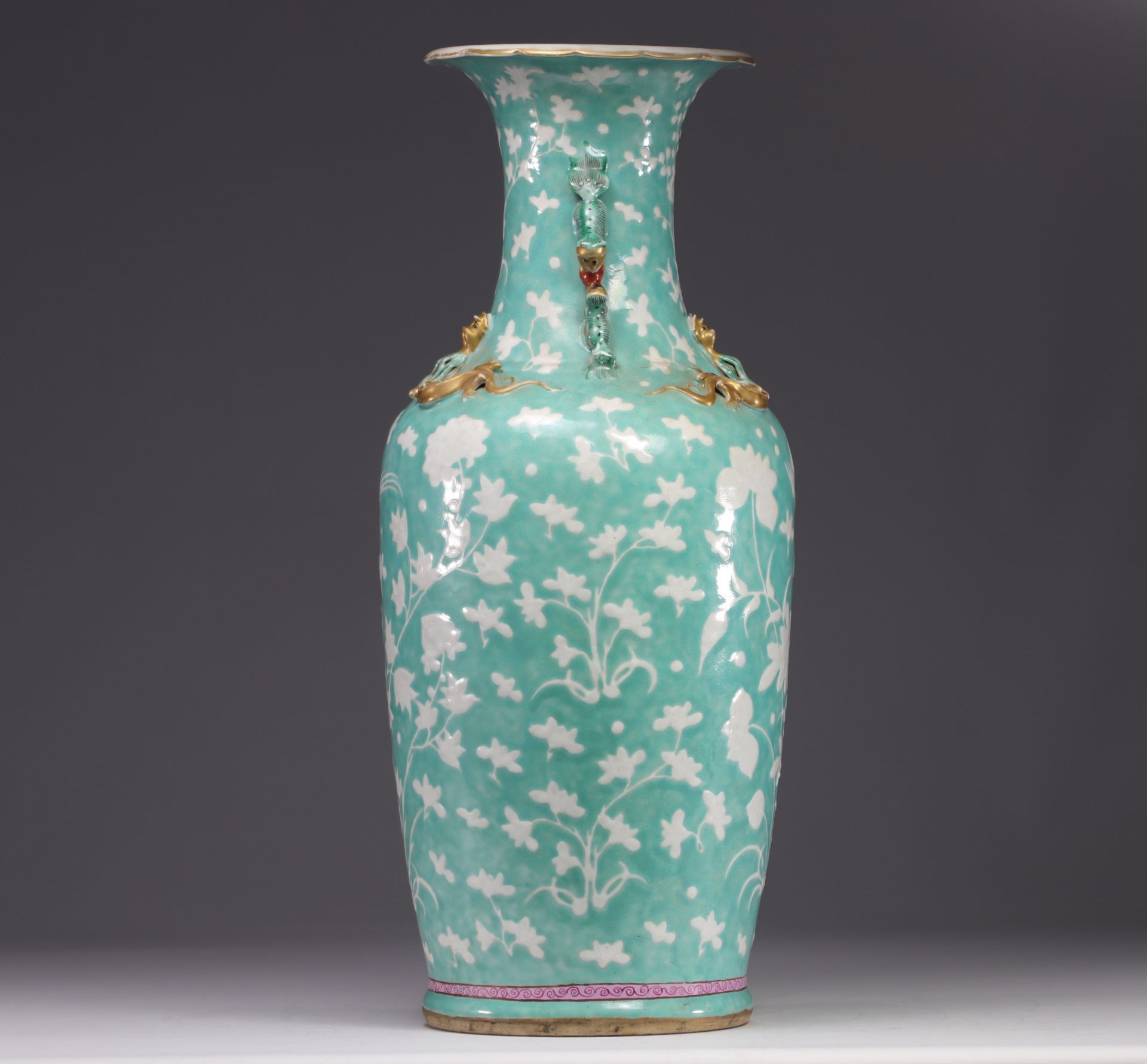China - large porcelain vase decorated with flowers and birds, turquoise glaze, 19th century. - Image 2 of 6