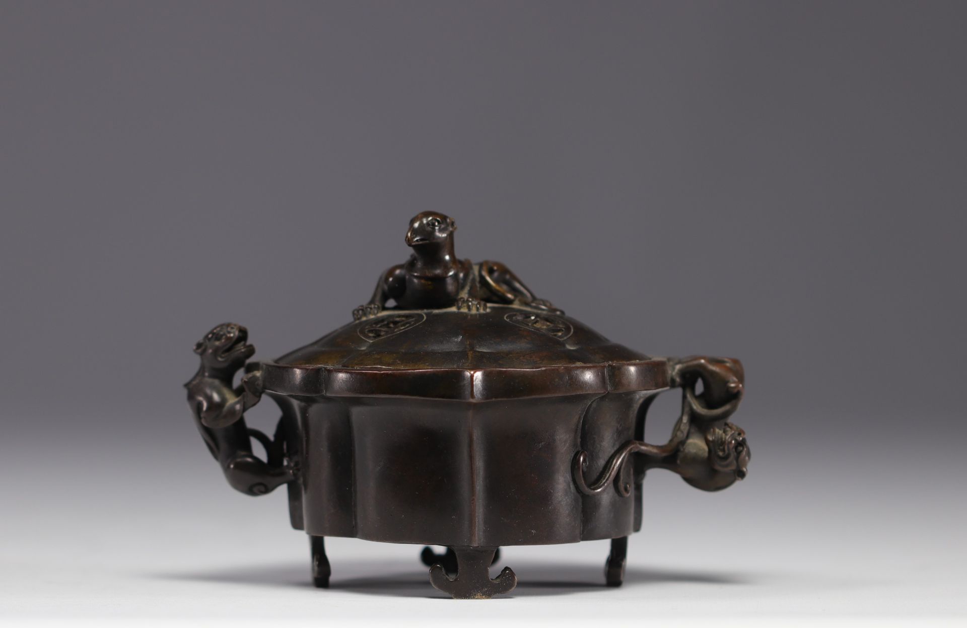 China - bronze perfume burner decorated with fantastic animals, Kangxi mark.