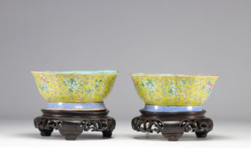 Pair of Famille Rose porcelain bowls decorated with flowers on a yellow background from 19th century