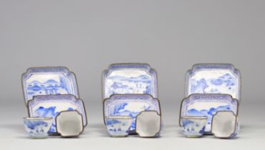 China - set of cloisonne trays and goblets with white-blue decoration of rural scenes and figures, Q