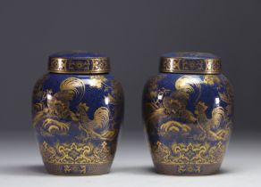 A pair of powder blue porcelain covered vases, decorated with roosters and flowers in gold, Qing dyn
