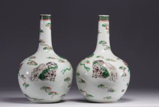 Rare pair of green family porcelain vases, decorated in relief with white dogs and elephants, Qing p