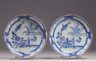 Set of two white and blue plates decorated with flowers and animals