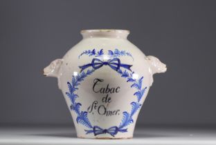 Tobacco pot in "Tabac de St. Omer" earthenware, handles decorated with mufles, 19th century.