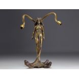 "Flower Woman" Art Nouveau double-bulb bronze lamp.