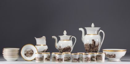 Porcelain service decorated with grisaille German landscapes and villages, 19th century.