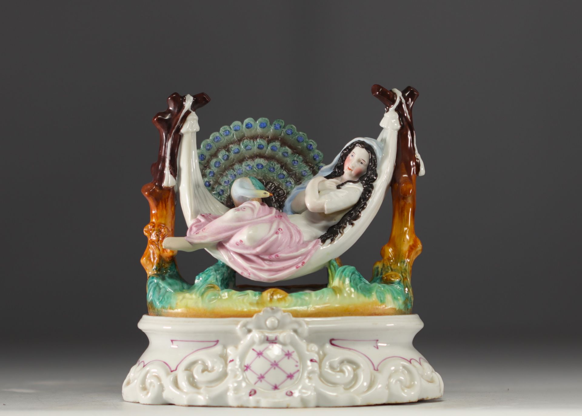 Andenne porcelain inkwell "Young woman and peacock", 19th century.