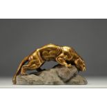Armand FAGOTTO (19th - 20th century) "Panther stalking on a rock" Terracotta sculpture with golden p