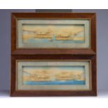 China - Pair of carved cork port paintings with harbour views, early 20th century.