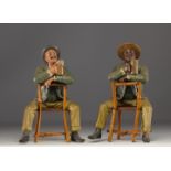 Bernard BLOCH (1836-1909) - "The beer drinkers" Pair of polychrome terracottas.