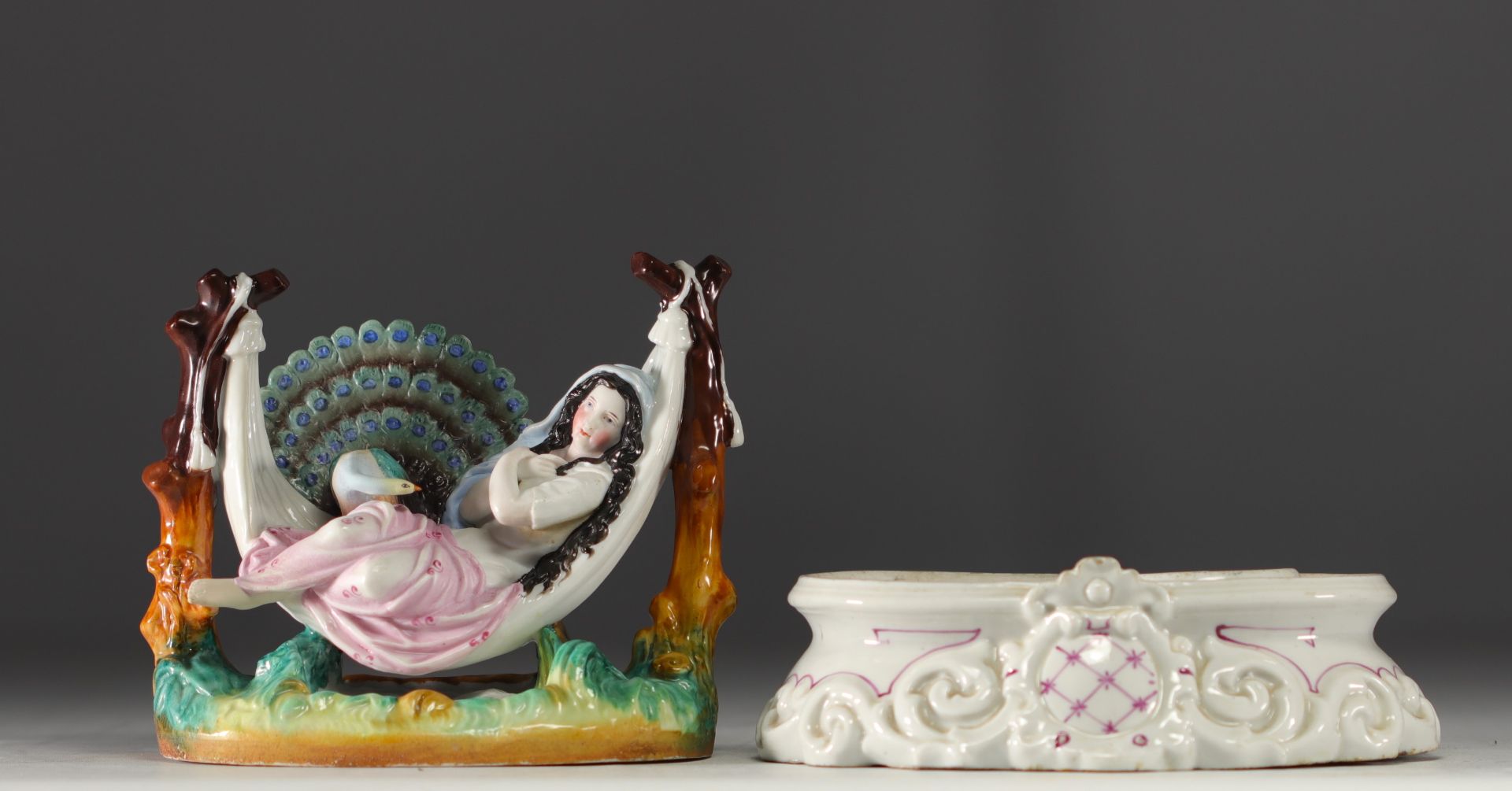 Andenne porcelain inkwell "Young woman and peacock", 19th century. - Image 2 of 2