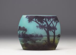 DAUM Nancy - Small vase in acid-etched multi-layered glass decorated with a lake landscape.