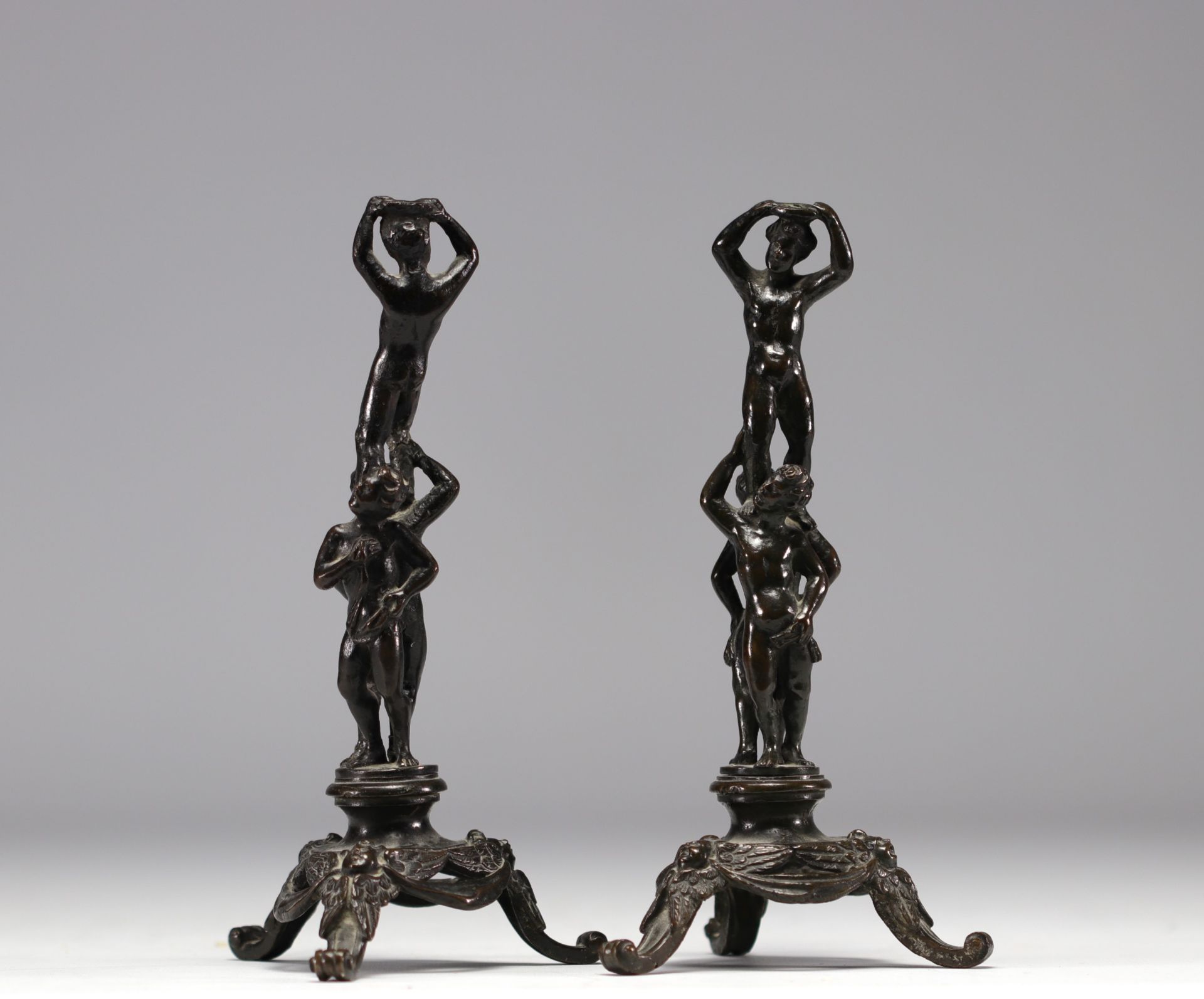 Pair of bronze figures on tripod base. - Image 2 of 3