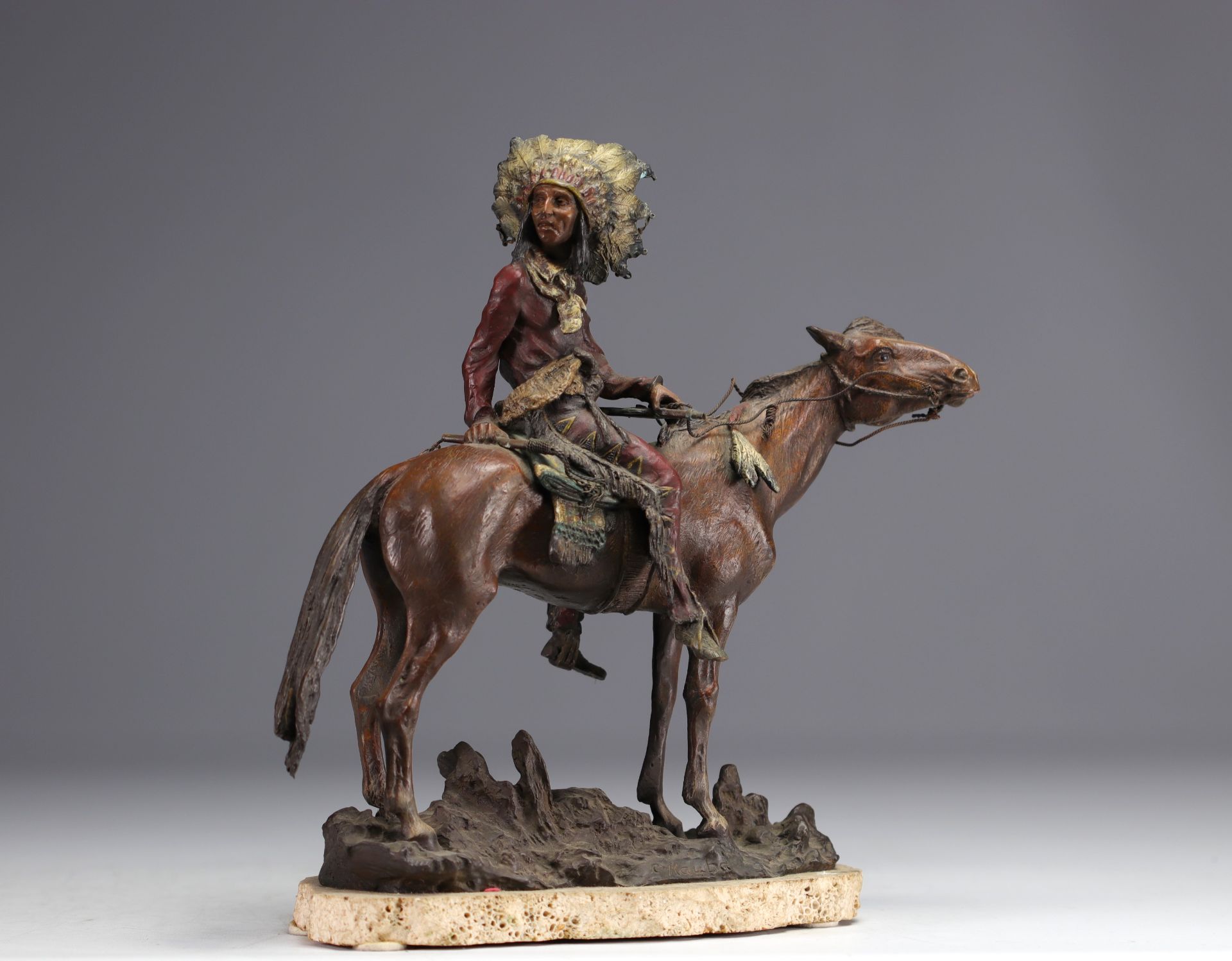 Carl KAUBA (1865-1922) "Indian chief on horseback" Vienna polychrome bronze. - Image 2 of 3