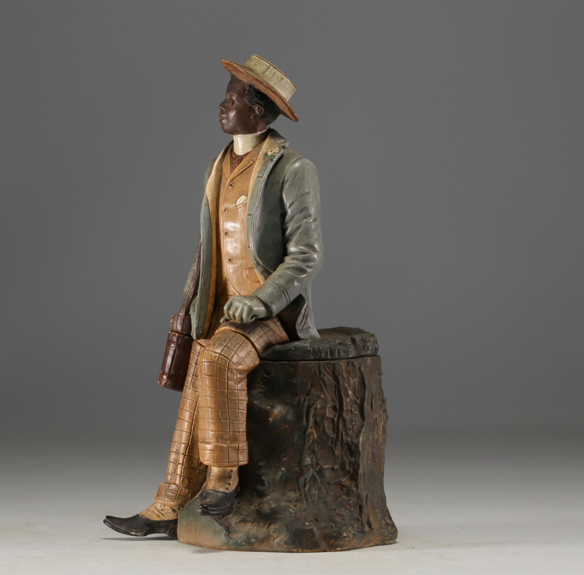 Bernhard BLOCH (1836-1909) "Young African dandy" Polychrome terracotta tobacco pot. - Image 2 of 4