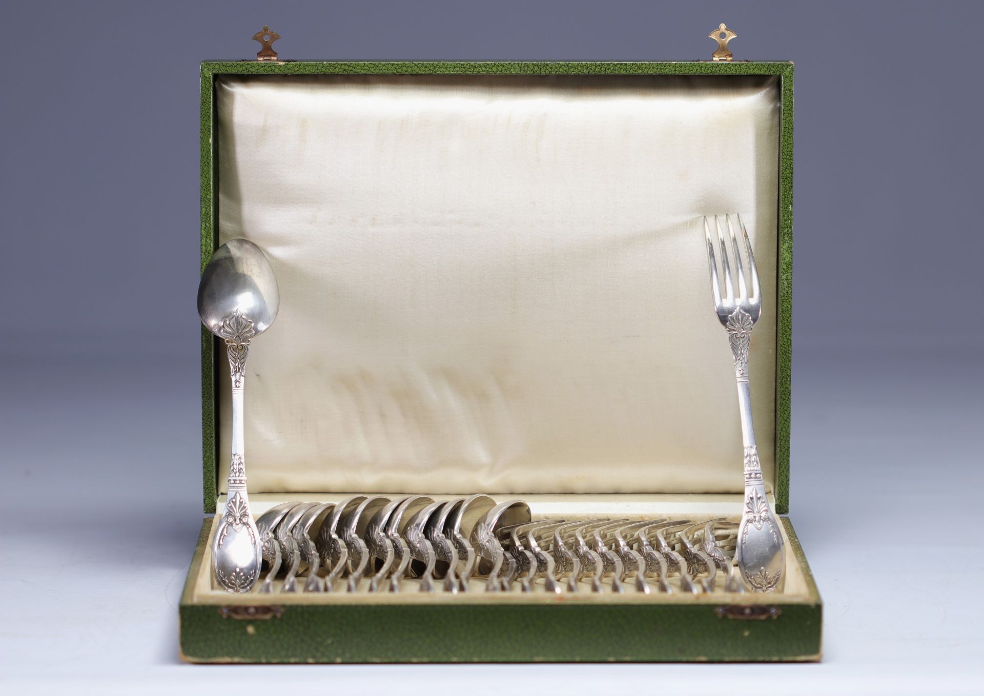 CAILAR BAYARD, Empire style boxed set of 24 silver plated cutlery, forks and spoons.
