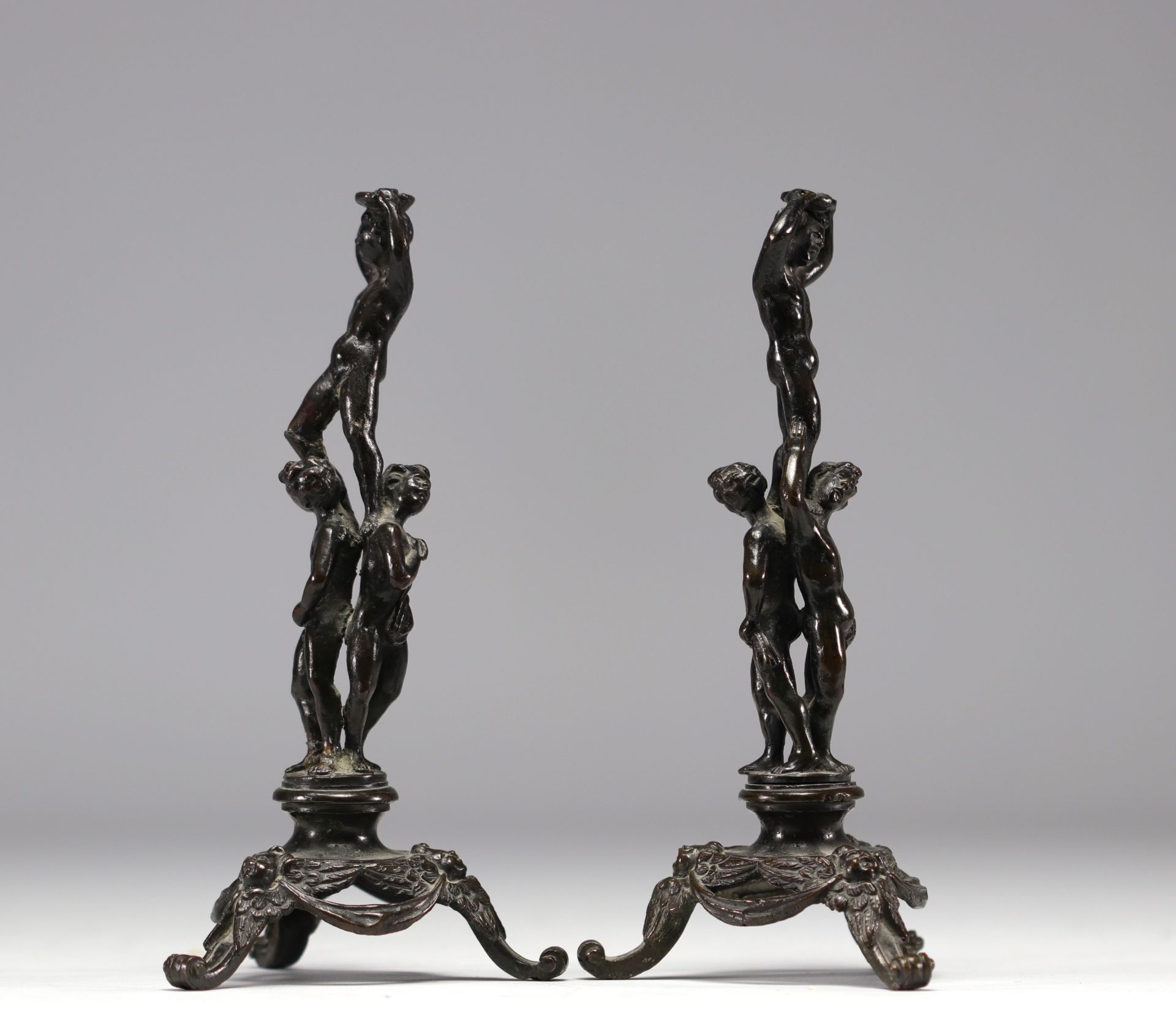 Pair of bronze figures on tripod base. - Image 3 of 3