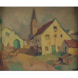 Georges HAWAY (1895-1945) "View of a village" oil on panel (other painting on back).