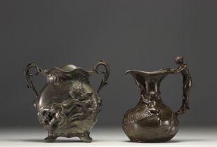 Set of a polished pewter Art Nouveau jug and vase, circa 1900.