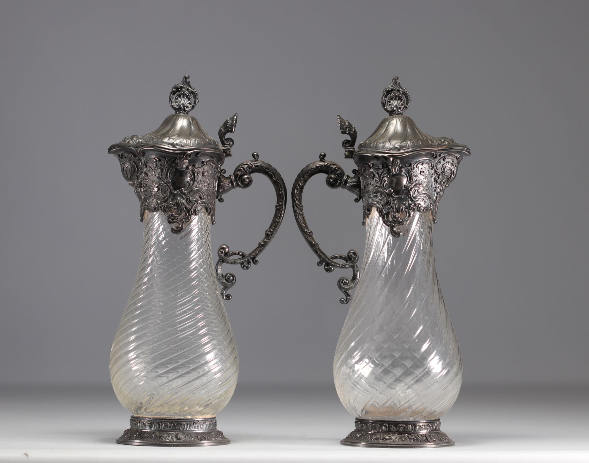 WMF, set of two twisted glass decanters, silver-plated metal frame. - Image 3 of 3