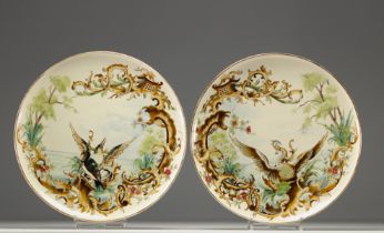 Rudolf DITMAR ZNAIM - Pair of earthenware dishes decorated with kingfisher and heron, 19th century.