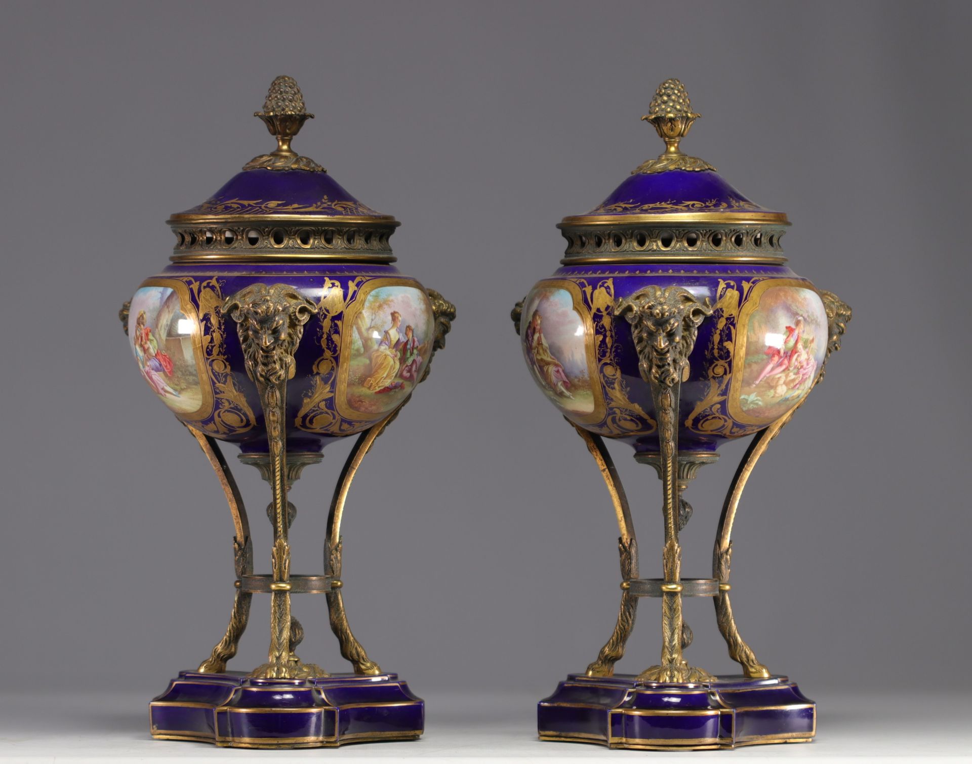 Pair of Sevres porcelain cassolettes decorated with gallant scenes, mounted on bronze. - Image 2 of 5