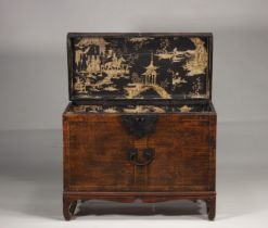 China - Wooden chest decorated with a tapestry, 19th century.