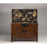 China - Wooden chest decorated with a tapestry, 19th century.