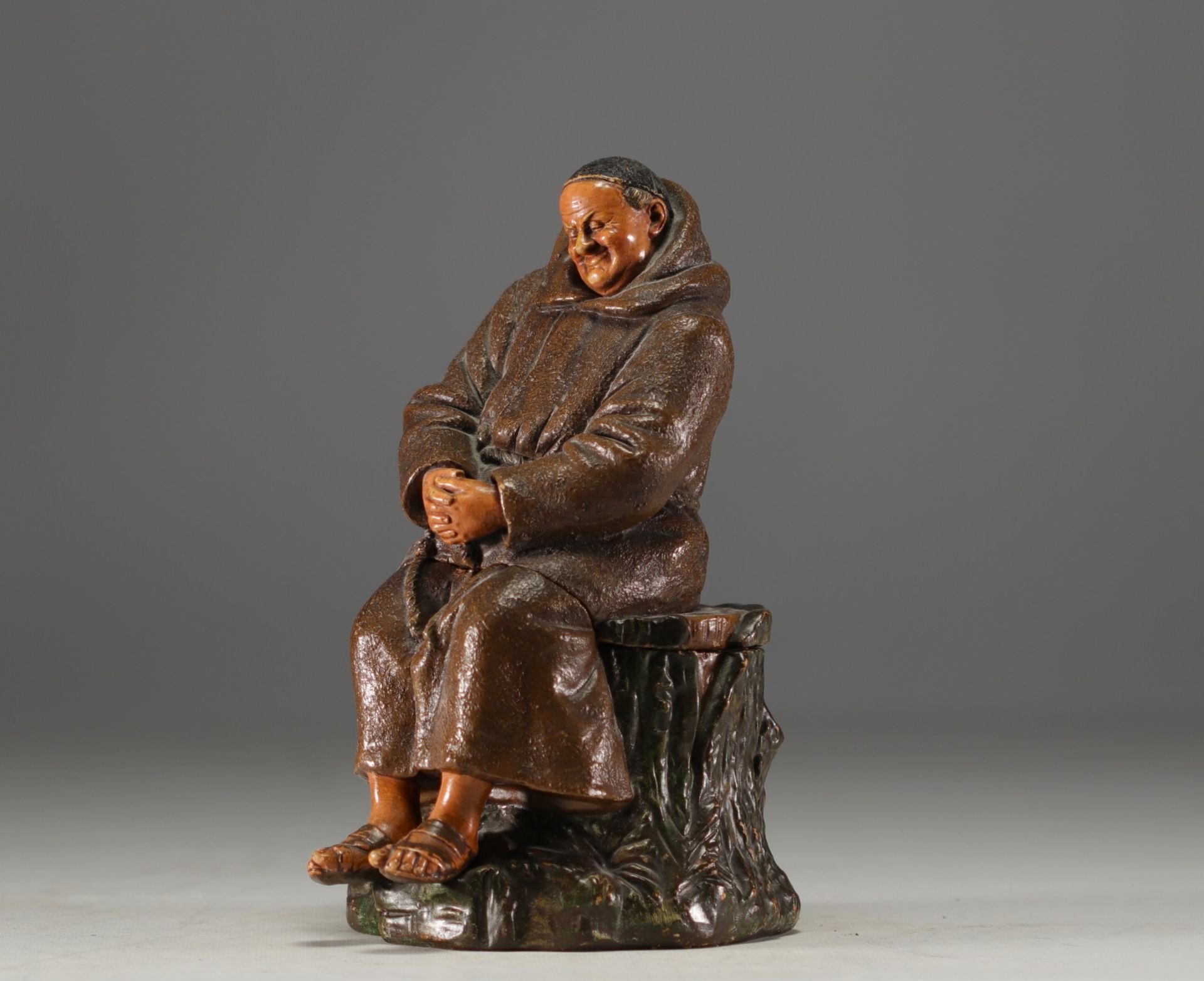 Bernhard BLOCH (1836-1909) "The monk at siesta" Polychrome terracotta tobacco pot.