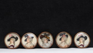 Set of five buttons, miniature painting on brass mount, 18th-19th century.