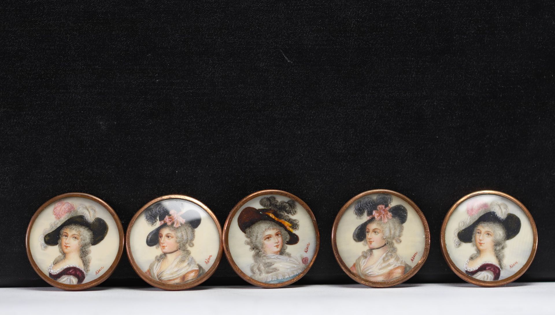 Set of five buttons, miniature painting on brass mount, 18th-19th century.