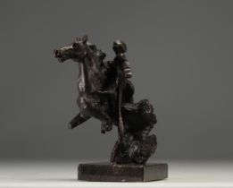 "Cavalier a cheval" Bronze proof on black marble base. Unsigned.