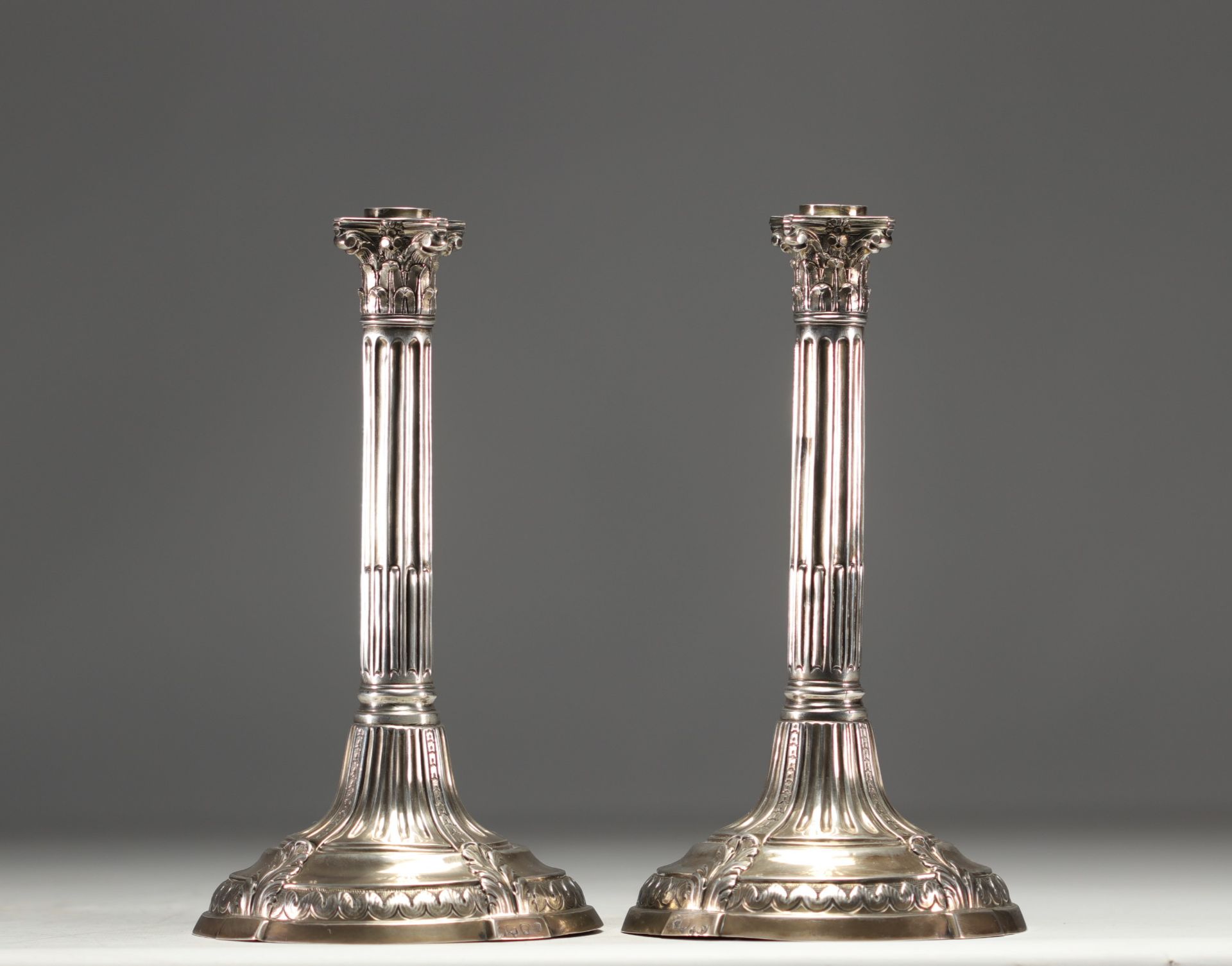 A pair of solid silver candlesticks with column decoration, hallmarked Tournai, Belgium, 18th centur - Image 3 of 5